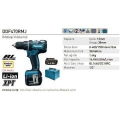 Makita DDF470RMJ  Lithium-ion Darbeli Akülü Matkap 14.4 V Kömürsüz Motor