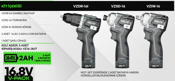VOLTZ - Akülü 3 Lü Set - Vidalama - Somun Sökme - Tornavida 16.8 Volt Çift Akülü (VZ16-3KIT)