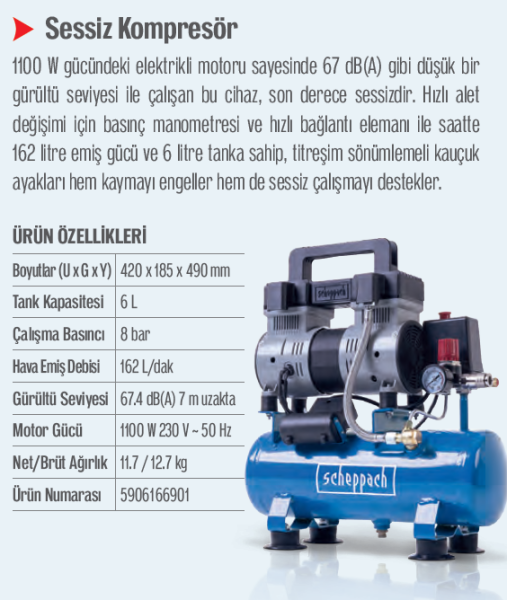 Scheppach Hc08Si 6 Litre Sessiz Kompresör (Hediyeli)